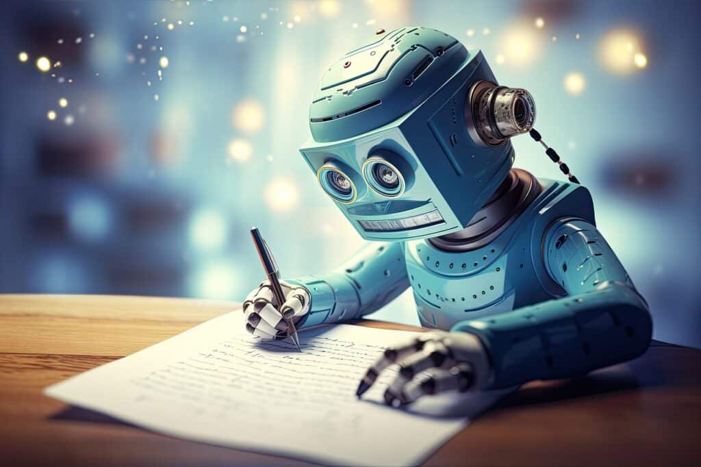 a robot writing on paper