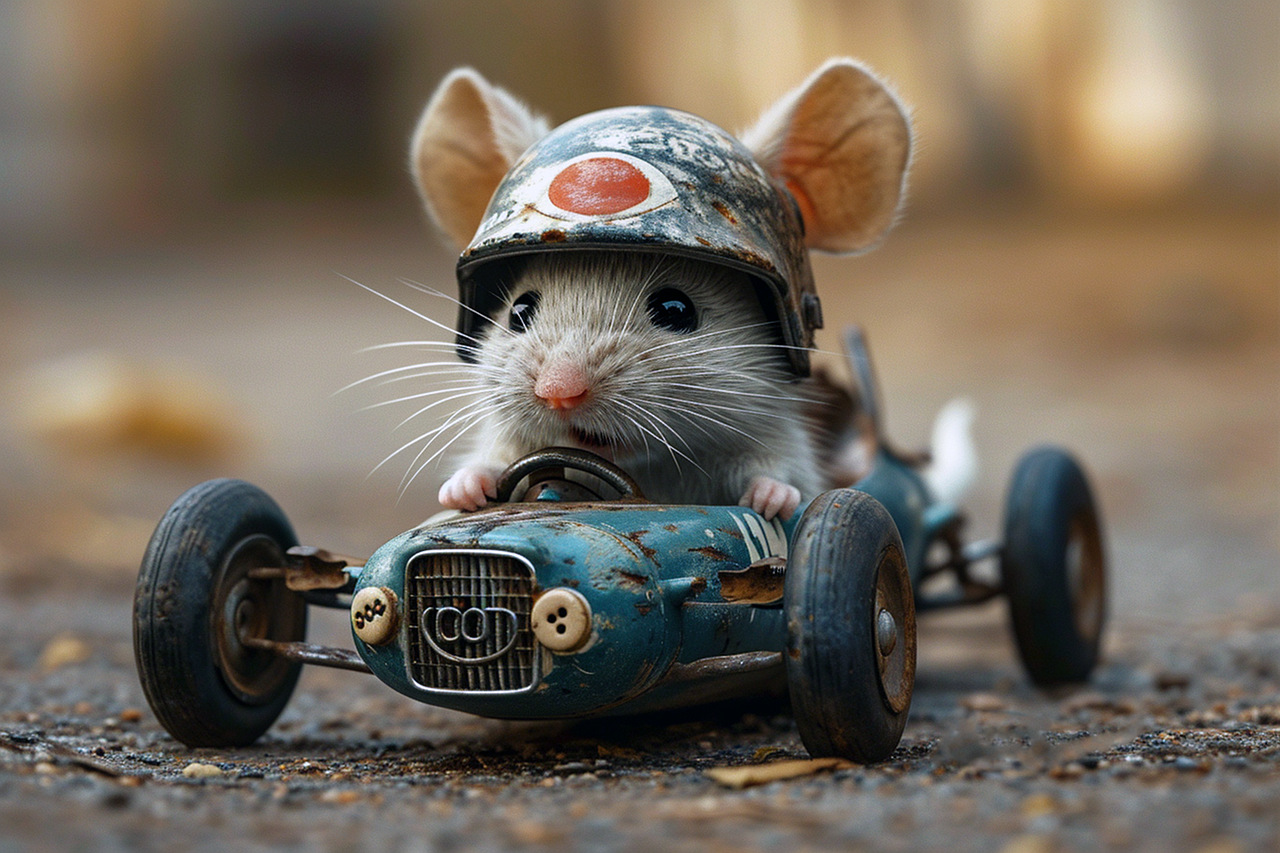 A mouse wearing a racing helmet in a racing car