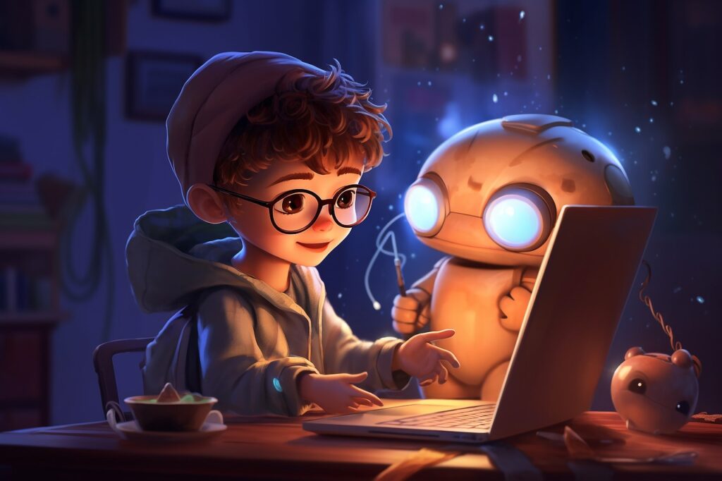 A child and a robot on a laptop